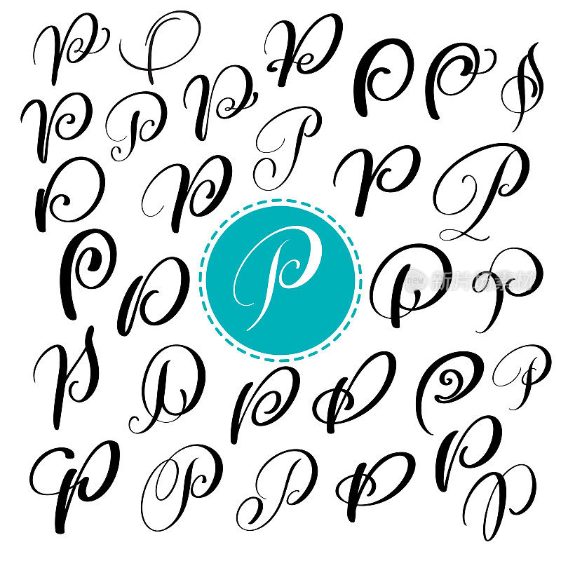 Set letter P. Hand drawn vector flourish calligraphy。脚本的字体。用墨水写的孤立的信件。手写的画笔风格。包装设计海报的手写字体